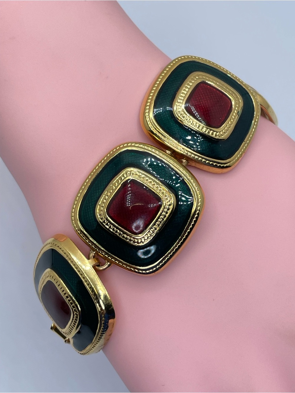 Vintage Gold Tone Red Green Enamel Geometric Statement Bracelet Modern Chic
